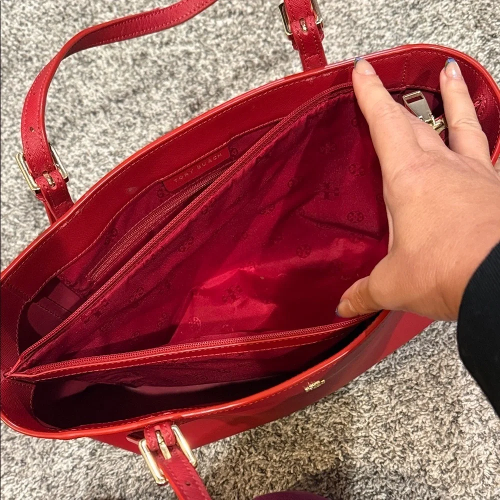 Tory Burch Red Leather Tote Bag laptop work tablet designer purse handbag